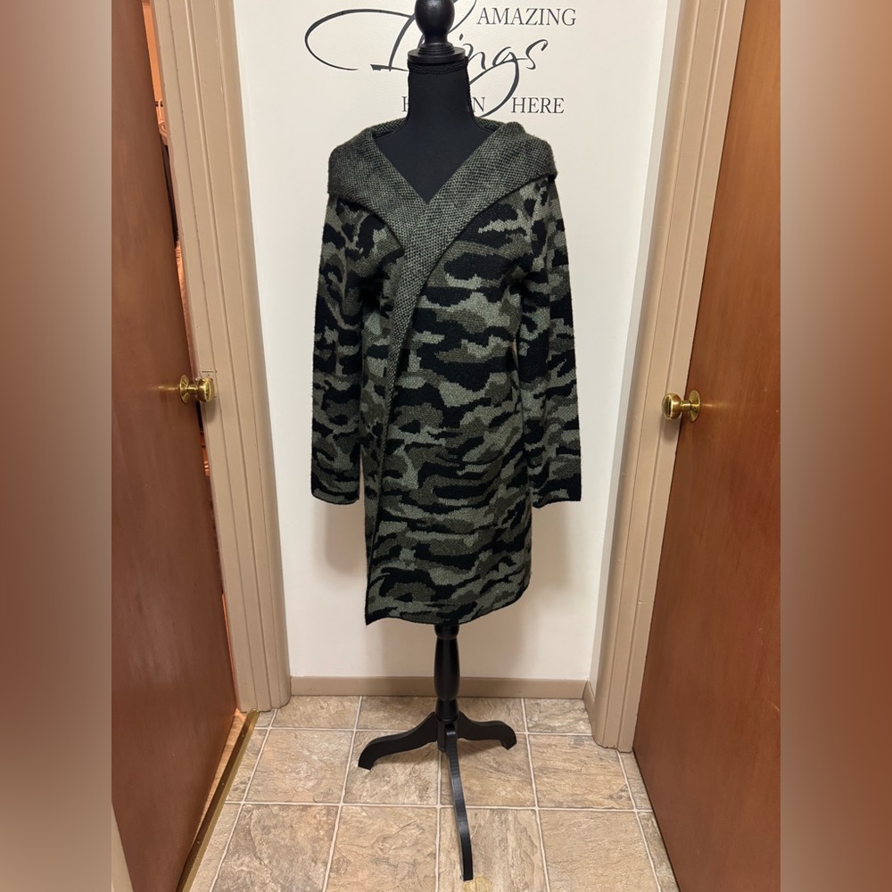 Nine West Hooded open.Camouflage Knit Cardigan Sweater Gray/Black Sz L.NWOT🐸